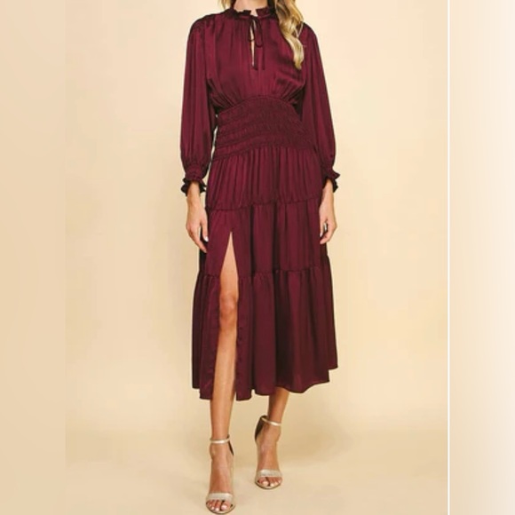 NWT- PINCH waist smocking tiered midi dress- deep wine - Picture 4 of 5